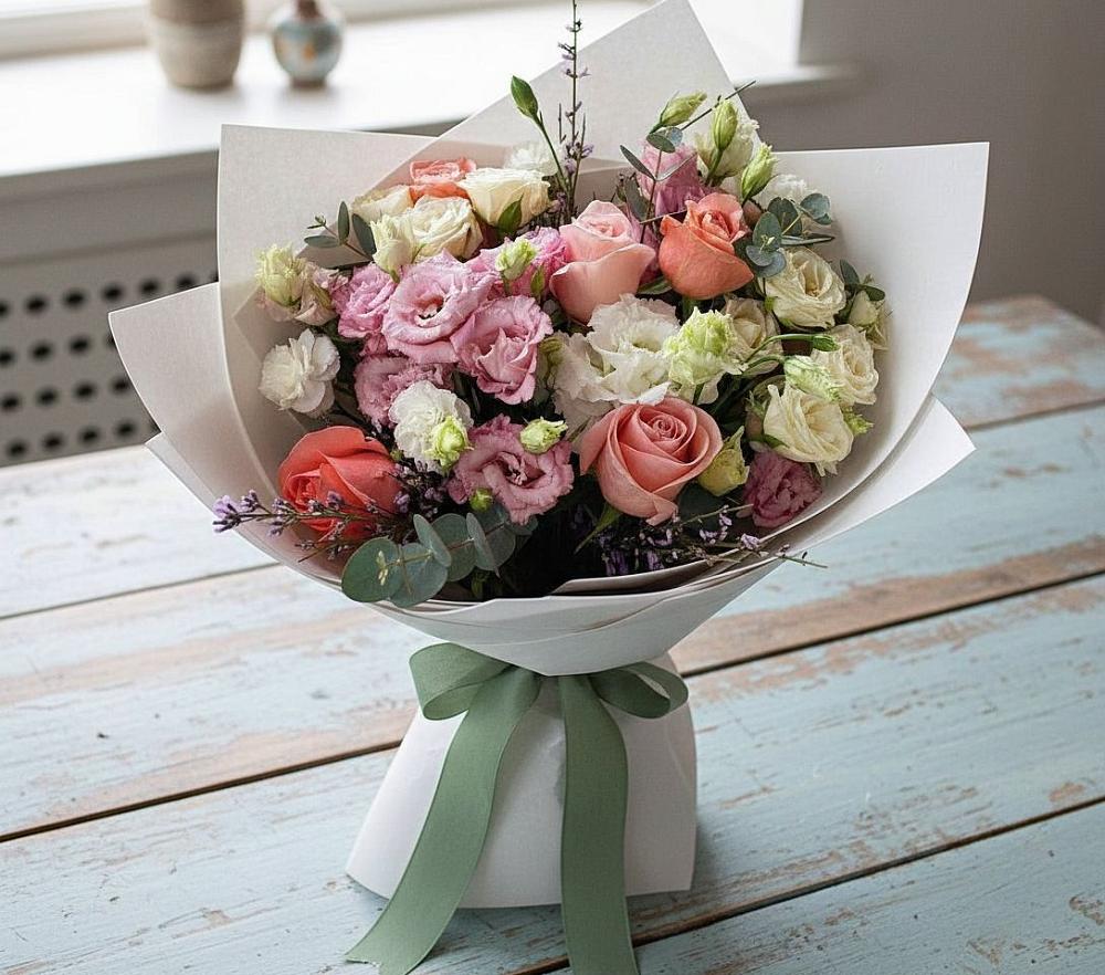 Букет цветов из: Розы, Лизиантусы и Гвоздики в Молочном