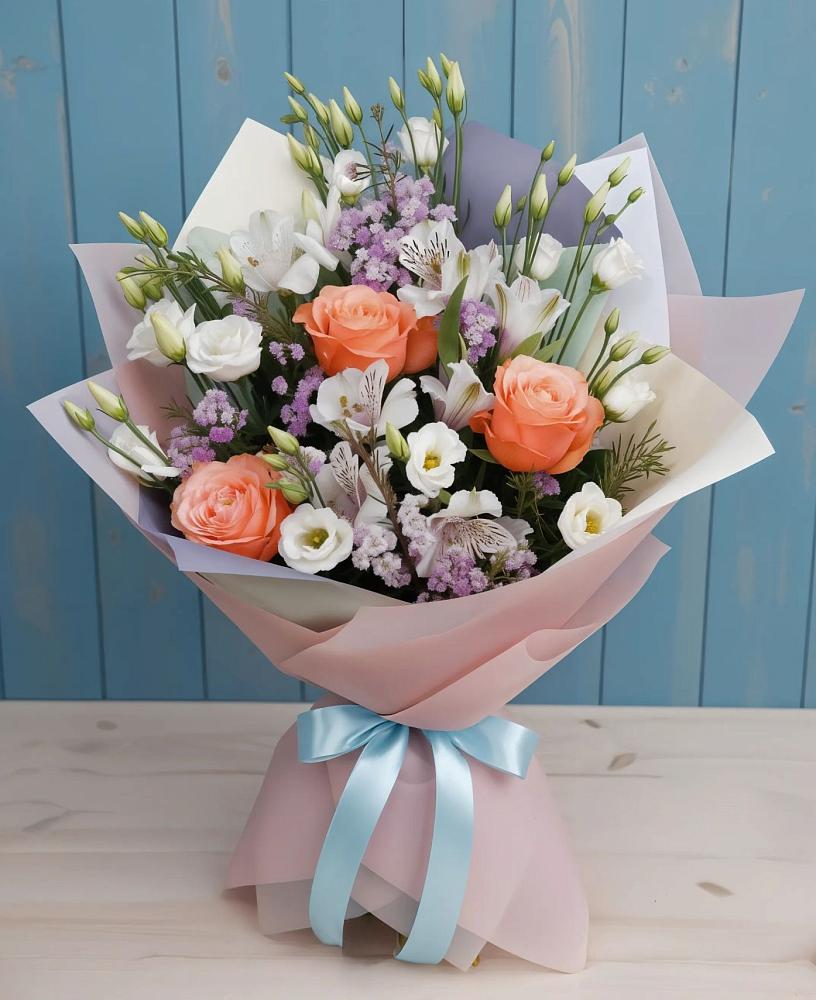 Букет цветов из: Лизиантусы, Розы, Альстромерии и Гипсофила в Молочном