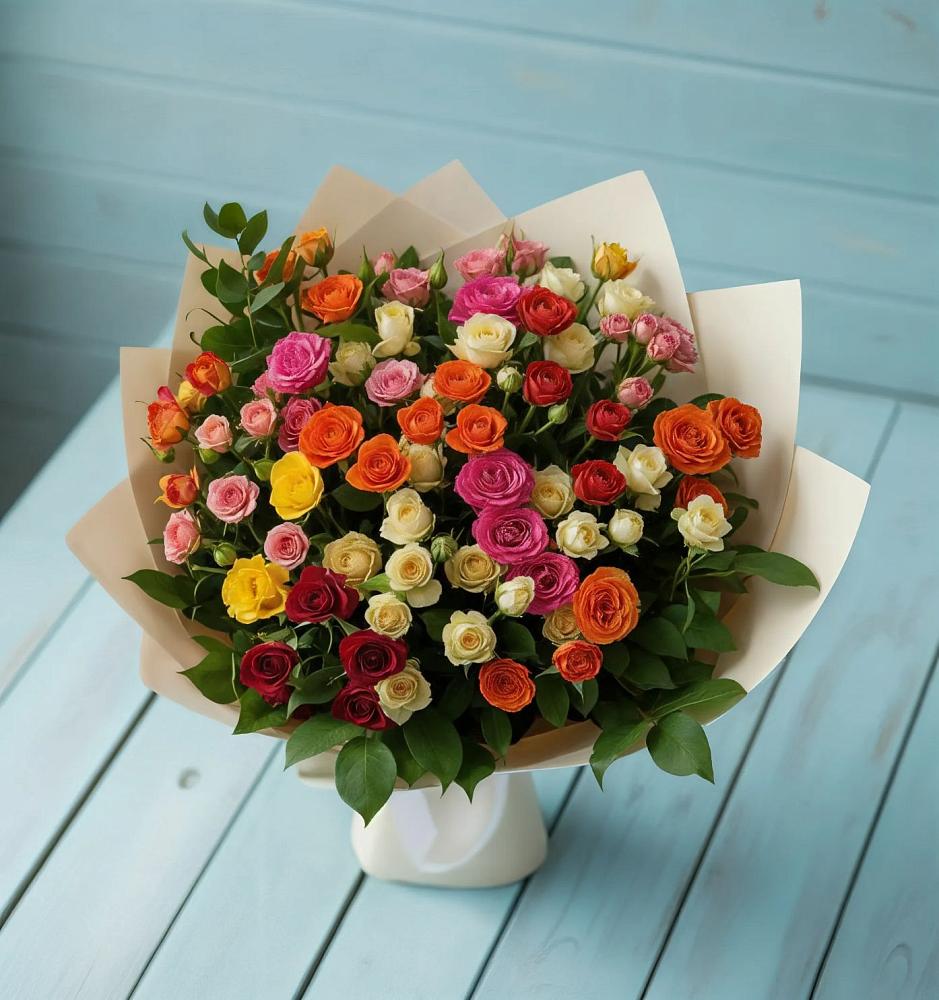 Букет Микс из разноцветных кустовых роз в Молочном