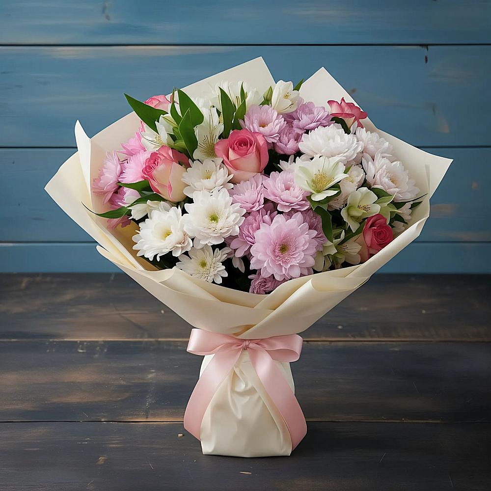 Букет цветов из: Хризантемы, Альстромерии и Розы в Молочном